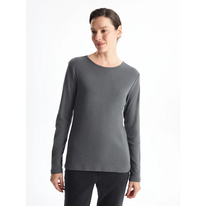 LCWAIKIKI Basic Antrasit Bisiklet Yaka Düz Uzun Kollu Kadın Body