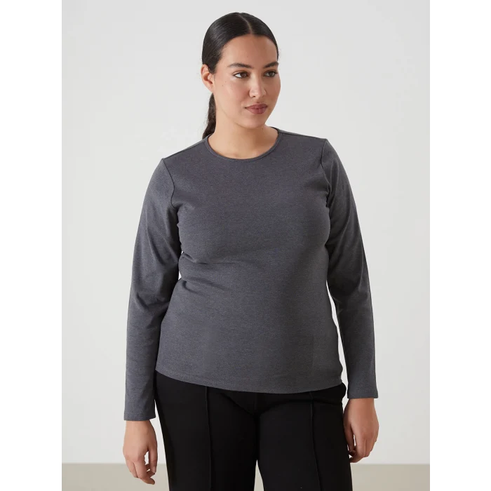 LCWAIKIKI Basic Antrasit Bisiklet Yaka Düz Uzun Kollu Kadın Body