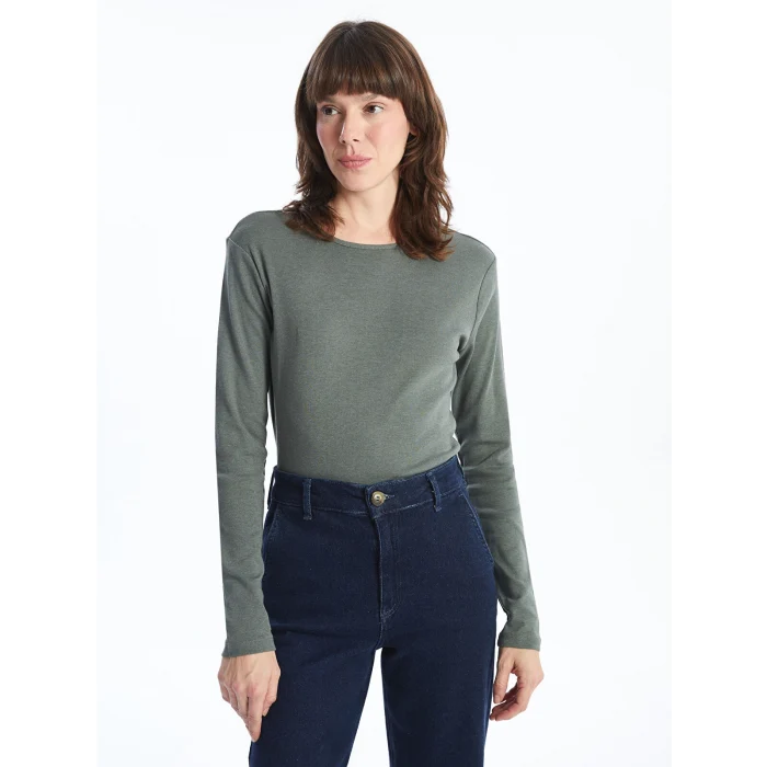 LCWAIKIKI Basic Yeşil Bisiklet Yaka Düz Uzun Kollu Kadın Body