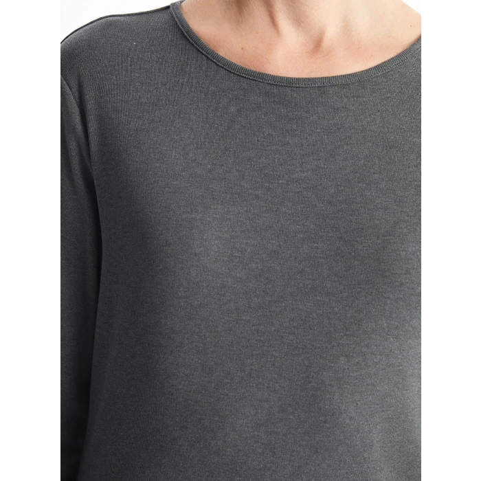 LCWAIKIKI Basic Antrasit Bisiklet Yaka Düz Uzun Kollu Kadın Body