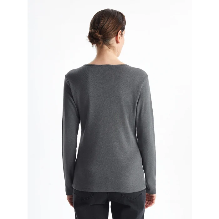 LCWAIKIKI Basic Antrasit Bisiklet Yaka Düz Uzun Kollu Kadın Body