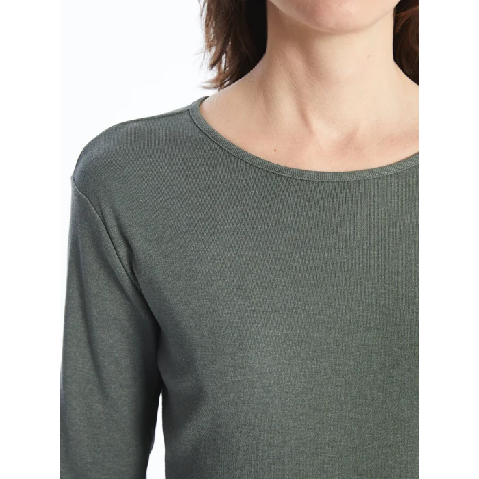 LCWAIKIKI Basic Yeşil Bisiklet Yaka Düz Uzun Kollu Kadın Body