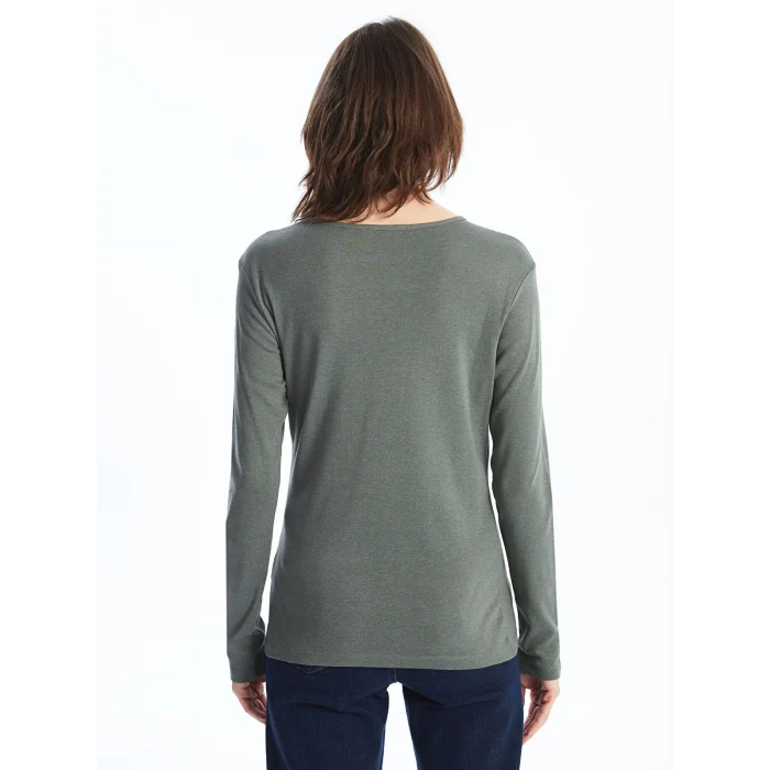 LCWAIKIKI Basic Yeşil Bisiklet Yaka Düz Uzun Kollu Kadın Body