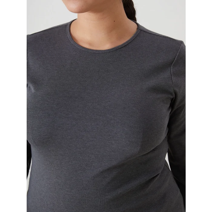 LCWAIKIKI Basic Antrasit Bisiklet Yaka Düz Uzun Kollu Kadın Body