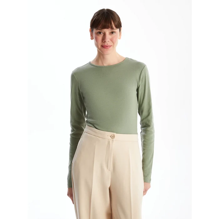 LCWAIKIKI Classic Haki Bisiklet Yaka Düz Uzun Kollu Kadın Body