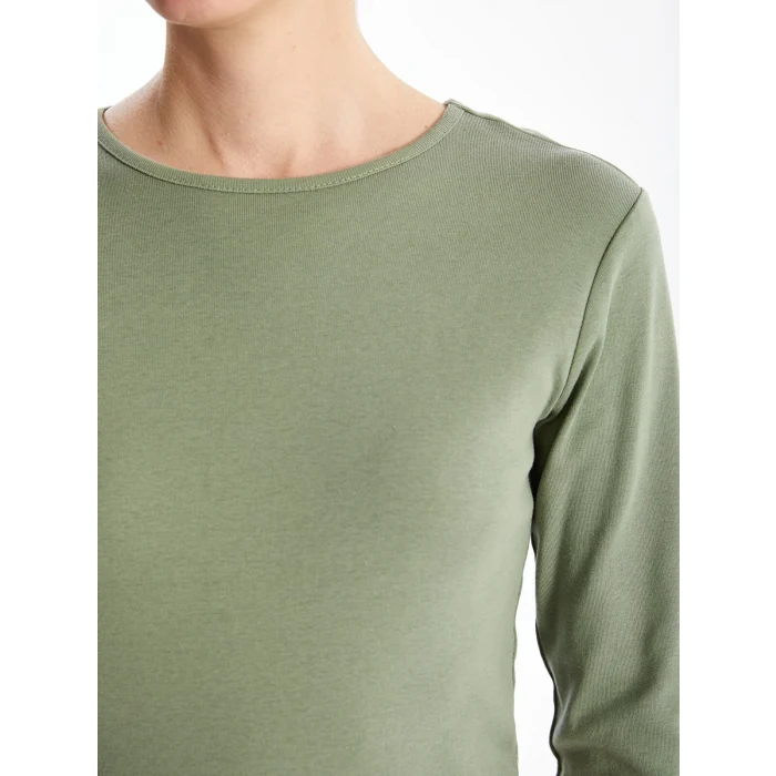 LCWAIKIKI Classic Haki Bisiklet Yaka Düz Uzun Kollu Kadın Body