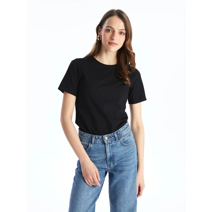 LCWAIKIKI Basic Siyah Bisiklet Yaka Düz Kısa Kollu Kadın Tişört