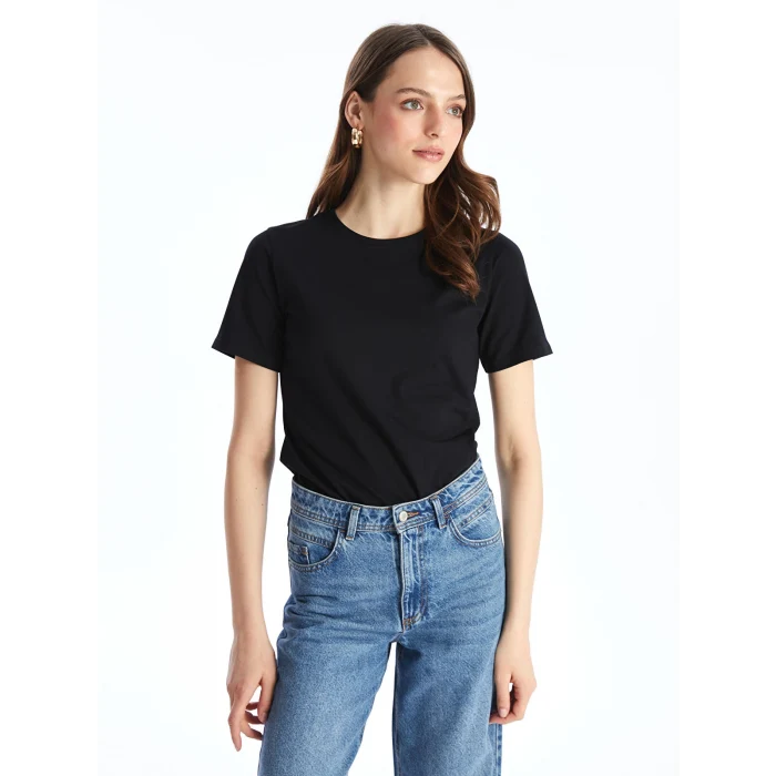 LCWAIKIKI Basic Siyah Bisiklet Yaka Düz Kısa Kollu Kadın Tişört