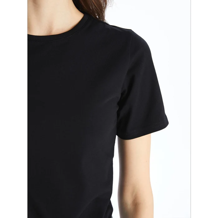 LCWAIKIKI Basic Siyah Bisiklet Yaka Düz Kısa Kollu Kadın Tişört