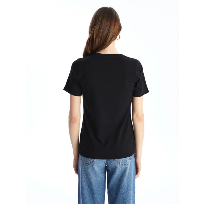 LCWAIKIKI Basic Siyah Bisiklet Yaka Düz Kısa Kollu Kadın Tişört