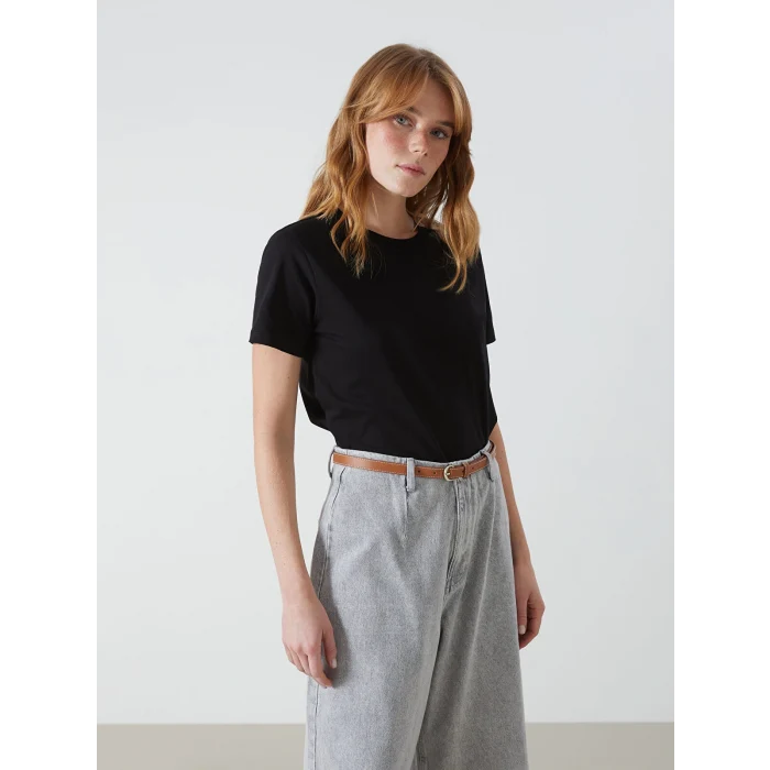 XSIDE Siyah Bisiklet Yaka Kadın Tişört