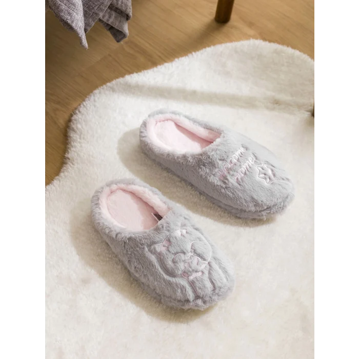 LCW STEPS Gri Kedi Nakışlı Pelüş Kadın Ev Terliği