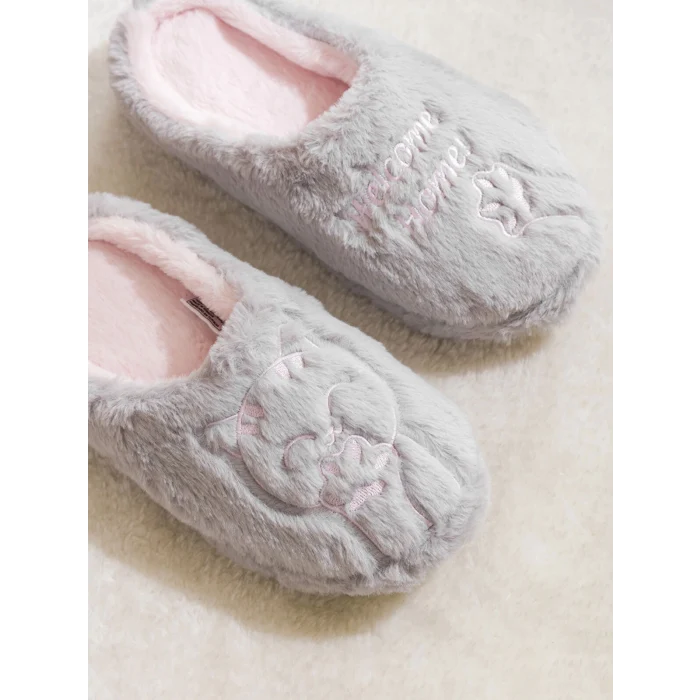 LCW STEPS Gri Kedi Nakışlı Pelüş Kadın Ev Terliği