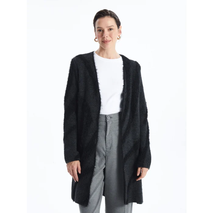 LCWAIKIKI Classic Antrasit Şal Yaka Desenli Uzun Kollu Kadın Pelüş Hırka