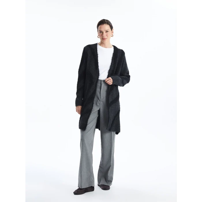 LCWAIKIKI Classic Antrasit Şal Yaka Desenli Uzun Kollu Kadın Pelüş Hırka