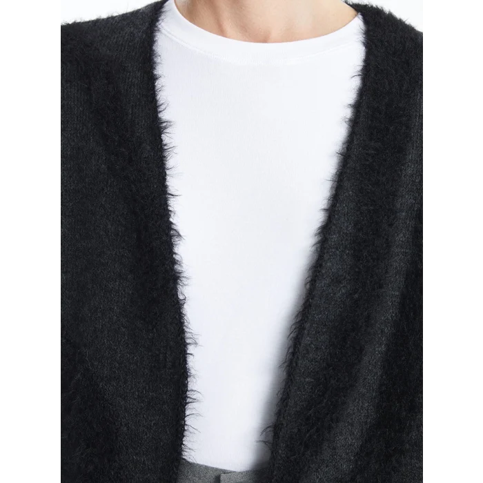 LCWAIKIKI Classic Antrasit Şal Yaka Desenli Uzun Kollu Kadın Pelüş Hırka