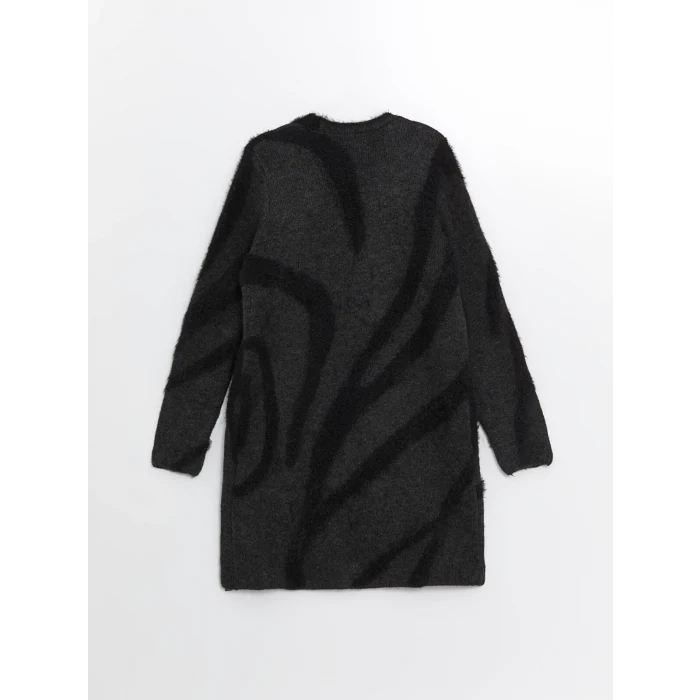 LCWAIKIKI Classic Antrasit Şal Yaka Desenli Uzun Kollu Kadın Pelüş Hırka