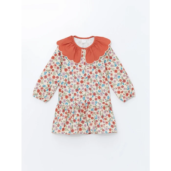LCW Kids Ekru Bebe Yaka Uzun Kollu Çiçekli Kız Çocuk Elbise