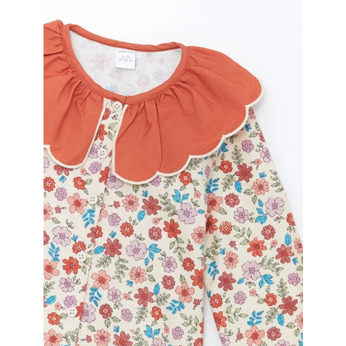 LCW Kids Ekru Bebe Yaka Uzun Kollu Çiçekli Kız Çocuk Elbise