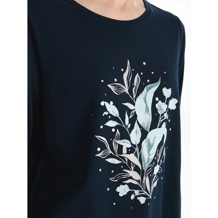 LCW Grace Lacivert Bisiklet Yaka Baskılı Uzun Kollu Kadın Tişört