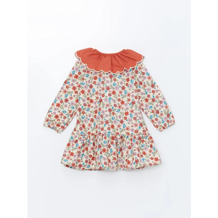 LCW Kids Ekru Bebe Yaka Uzun Kollu Çiçekli Kız Çocuk Elbise