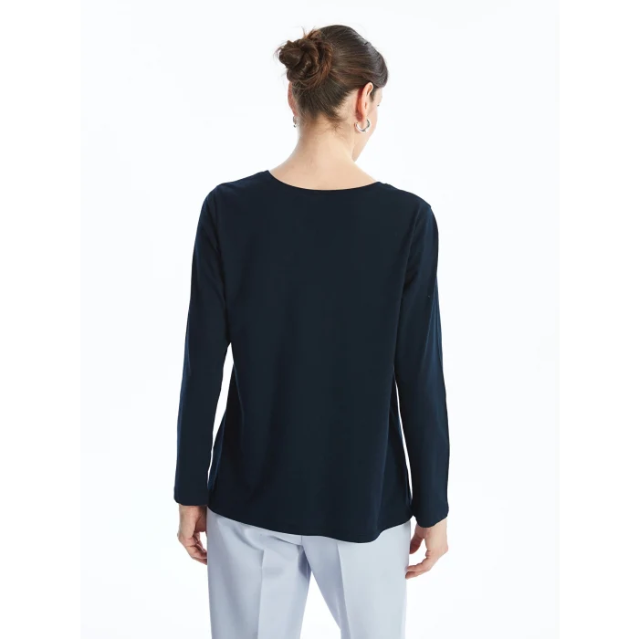 LCW Grace Lacivert Bisiklet Yaka Baskılı Uzun Kollu Kadın Tişört