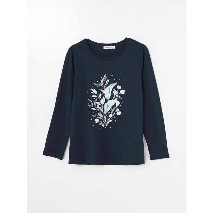 LCW Grace Lacivert Bisiklet Yaka Baskılı Uzun Kollu Kadın Tişört