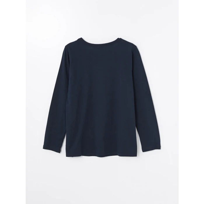 LCW Grace Lacivert Bisiklet Yaka Baskılı Uzun Kollu Kadın Tişört