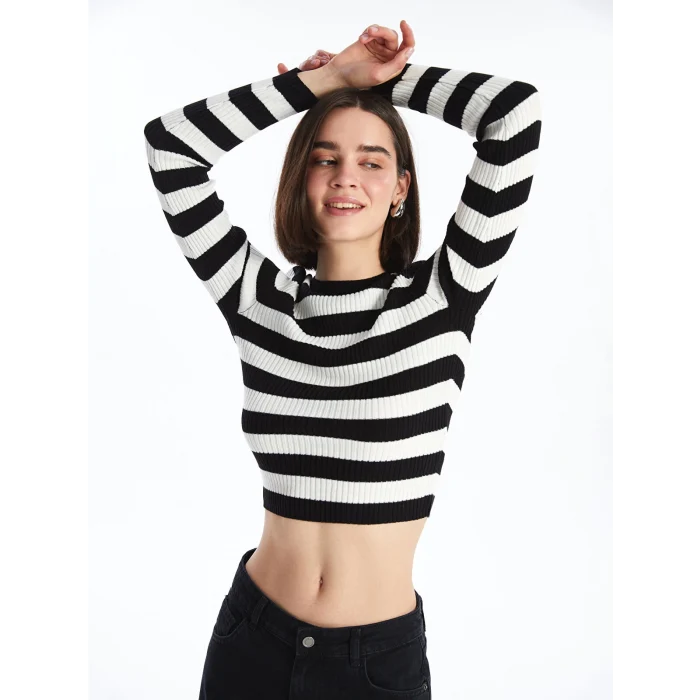 XSIDE Ekru Bisiklet Yaka Çizgili Uzun Kollu Crop Kadın Triko Kazak