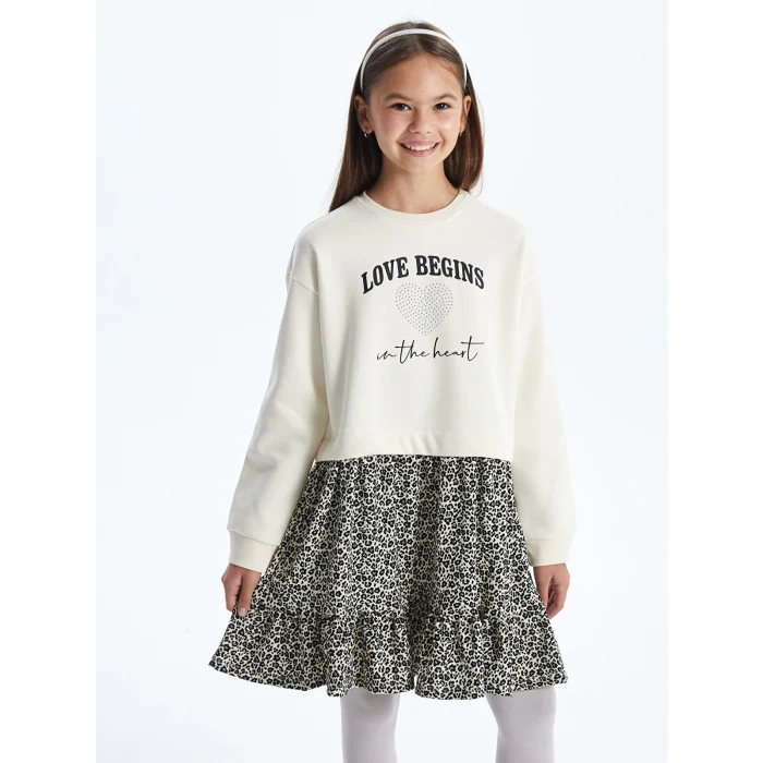LCW Kids Ekru Bisiklet Yaka Kız Çocuk Elbise