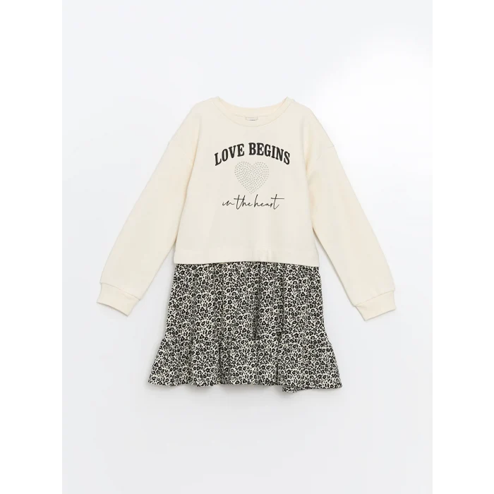 LCW Kids Ekru Bisiklet Yaka Kız Çocuk Elbise