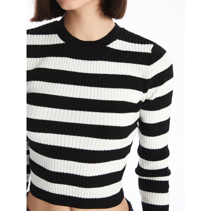 XSIDE Ekru Bisiklet Yaka Çizgili Uzun Kollu Crop Kadın Triko Kazak