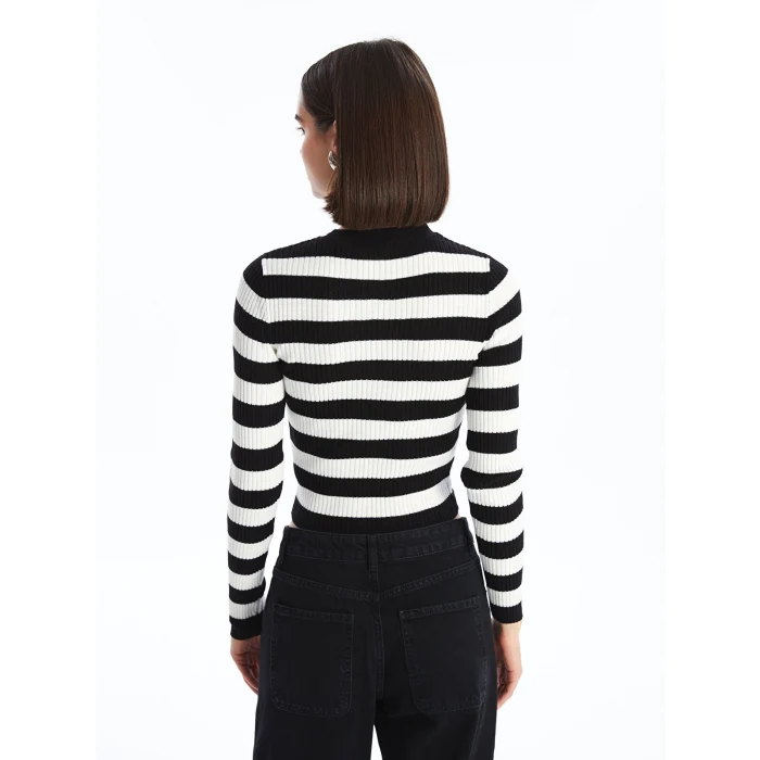 XSIDE Ekru Bisiklet Yaka Çizgili Uzun Kollu Crop Kadın Triko Kazak
