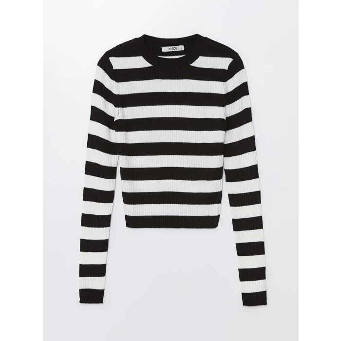 XSIDE Ekru Bisiklet Yaka Çizgili Uzun Kollu Crop Kadın Triko Kazak