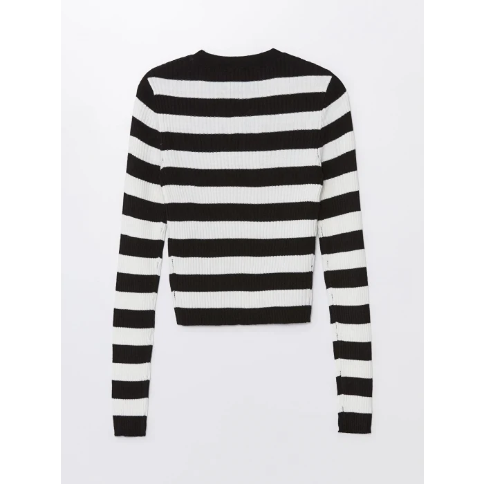 XSIDE Ekru Bisiklet Yaka Çizgili Uzun Kollu Crop Kadın Triko Kazak