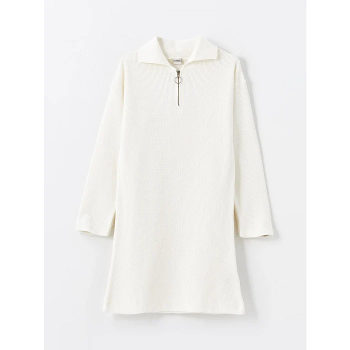 LCW Kids Ekru Polo Yaka Basic Uzun Kollu Kız Çocuk Triko Elbise