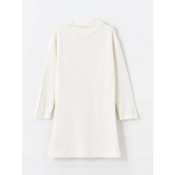LCW Kids Ekru Polo Yaka Basic Uzun Kollu Kız Çocuk Triko Elbise