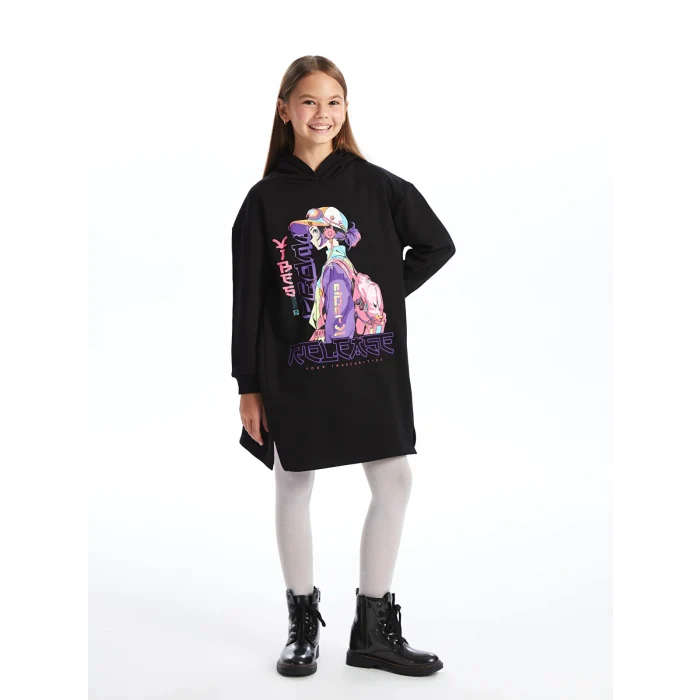 LCW Kids Siyah Kapüşonlu Kız Çocuk Elbise