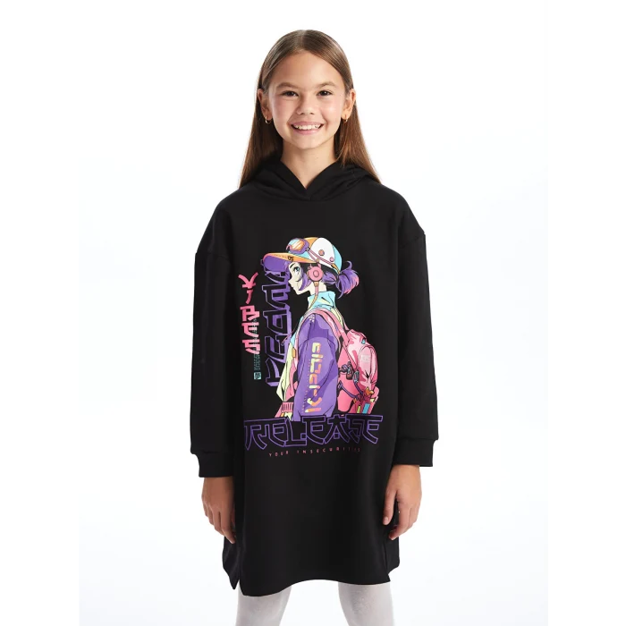 LCW Kids Siyah Kapüşonlu Kız Çocuk Elbise