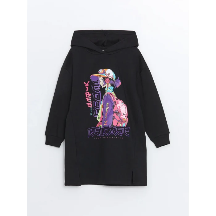 LCW Kids Siyah Kapüşonlu Kız Çocuk Elbise