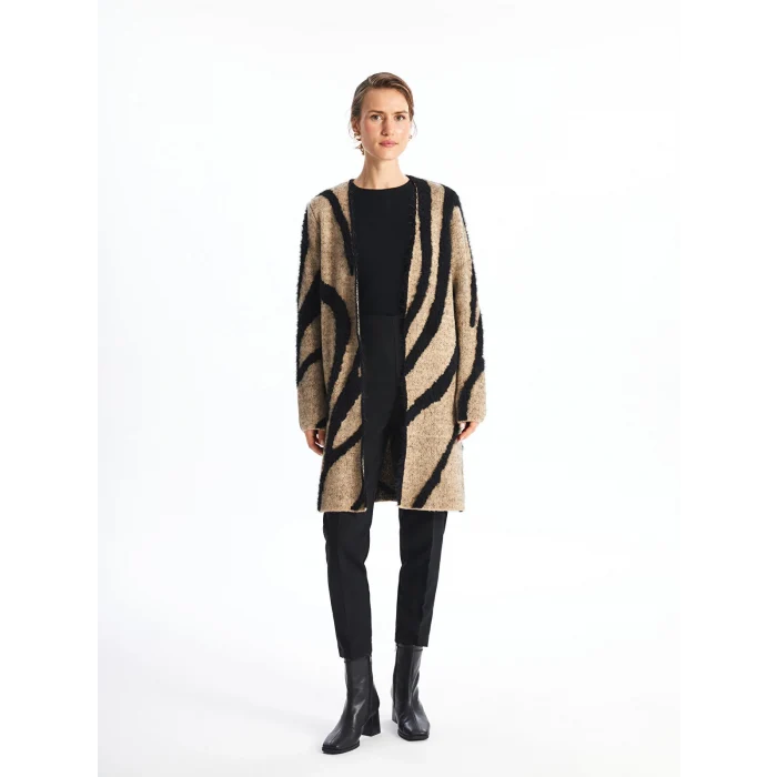 LCWAIKIKI Classic Kahverengi Şal Yaka Desenli Uzun Kollu Kadın Pelüş Hırka