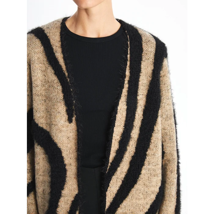 LCWAIKIKI Classic Kahverengi Şal Yaka Desenli Uzun Kollu Kadın Pelüş Hırka