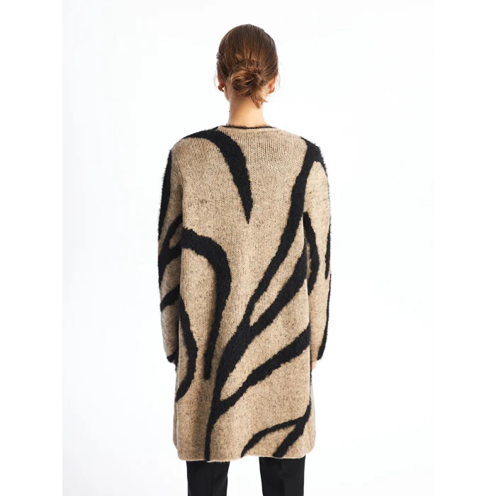 LCWAIKIKI Classic Kahverengi Şal Yaka Desenli Uzun Kollu Kadın Pelüş Hırka