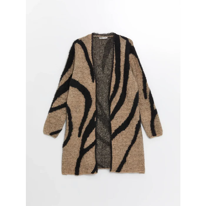 LCWAIKIKI Classic Kahverengi Şal Yaka Desenli Uzun Kollu Kadın Pelüş Hırka