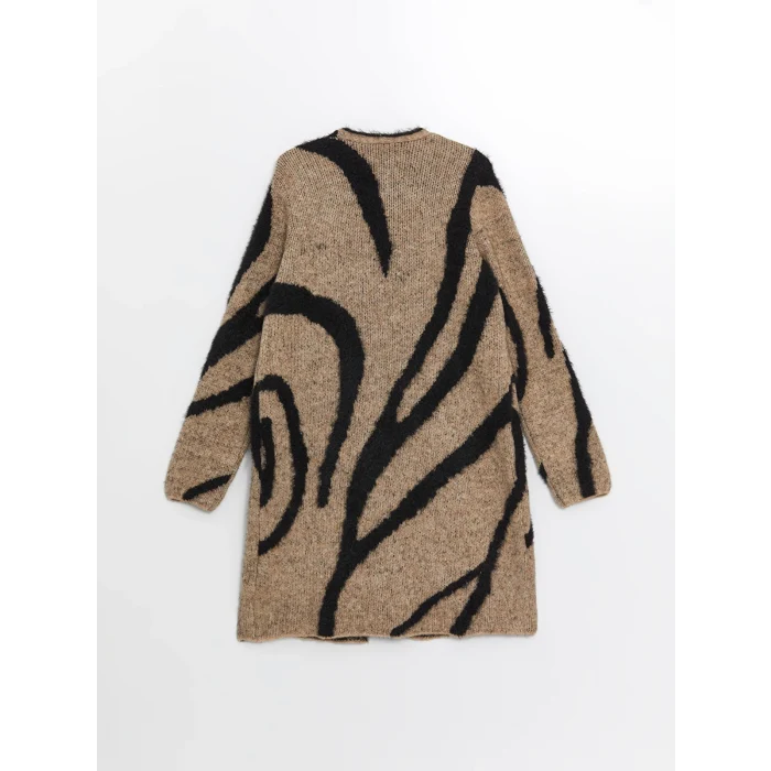 LCWAIKIKI Classic Kahverengi Şal Yaka Desenli Uzun Kollu Kadın Pelüş Hırka