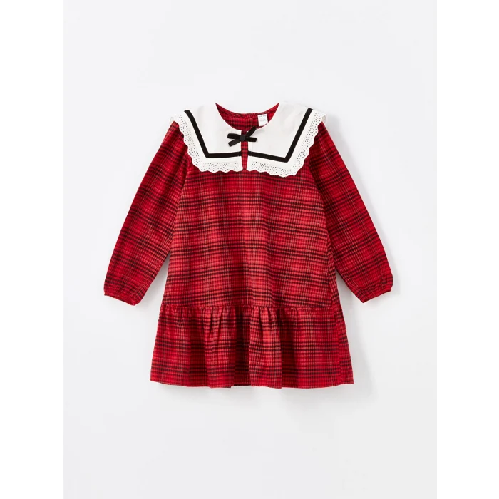 LCW Kids Kirmizi Bebe Yaka Uzun Kollu Ekose Desenli Kız Çocuk Elbise