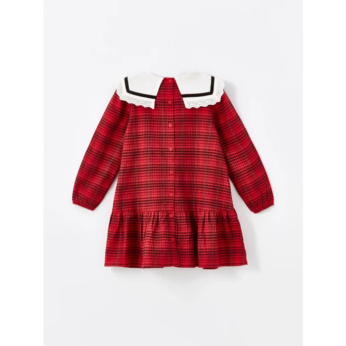 LCW Kids Kirmizi Bebe Yaka Uzun Kollu Ekose Desenli Kız Çocuk Elbise