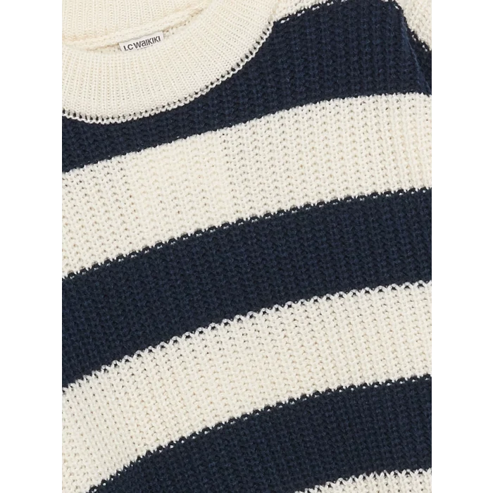 LCW Kids Lacivert Bisiklet Yaka Çizgili Uzun Kollu Kız Çocuk Triko Kazak