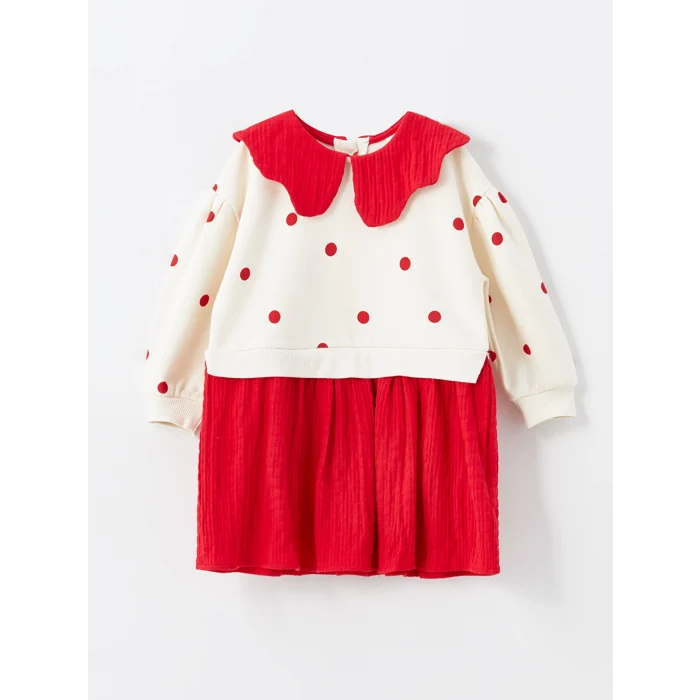 LCW Kids Ekru Bebe Yaka Uzun Kollu Puantiyeli Kız Çocuk Elbise