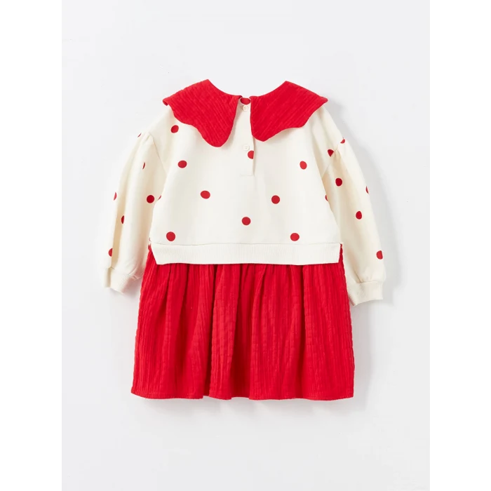 LCW Kids Ekru Bebe Yaka Uzun Kollu Puantiyeli Kız Çocuk Elbise